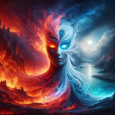 The primary subject of the image is a woman with blue and red hair, who appears to be a mermaid. She is surrounded by a vibrant and colorful environment, which includes a blue ocean, a red sky, and a moon in the background. The visual style of the image is digital art, and the dominant colors are blue and red, creating a lively and captivating atmosphere.